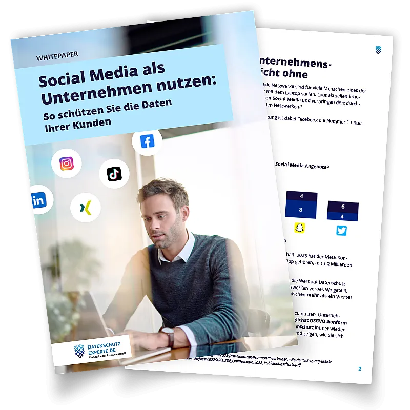 Whitepaper mit dem Titel „Social Media als Unternehmen nutzen: So schützen Sie die Daten Ihrer Kunden“ mit Icons von Instagram, LinkedIn, TikTok und Facebook.