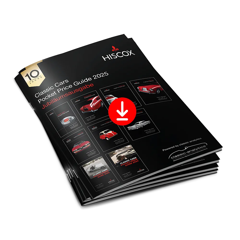 Vorschau des Covers von dem Pocket Price Guide für die Wertentwicklung von Oldtimerpreise in 2025 von Hiscox und classic-analytics.