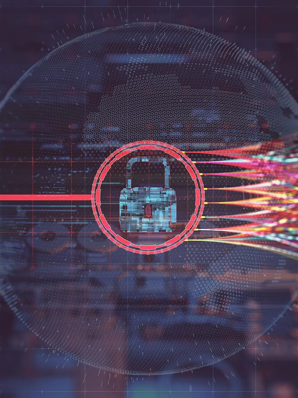 Digitale Darstellung eines Vorhängeschlosses mit bunten Datenlinien und cybernetischem Hintergrund – Symbol für Datensicherheit.