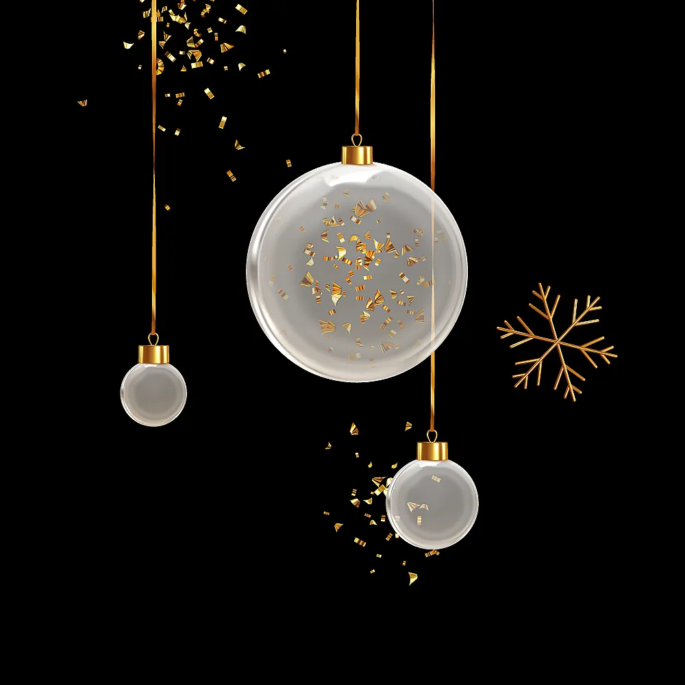 Drei transparente Weihnachtskugeln mit goldenen Konfetti-Inhalten hängen an goldenen Fäden vor schwarzem Hintergrund; rechts ist eine goldene Schneeflocke zu sehen.