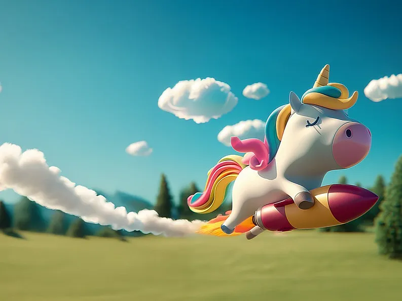 Ein sehr niedliches weißes Comic-Einhorn mit bunter Mähne und Schweif fliegt auf einer pink gelben Rakete über eine Wiese mit Tannen. Der Himmel ist blau mit kleinen weißen Wölkchen.