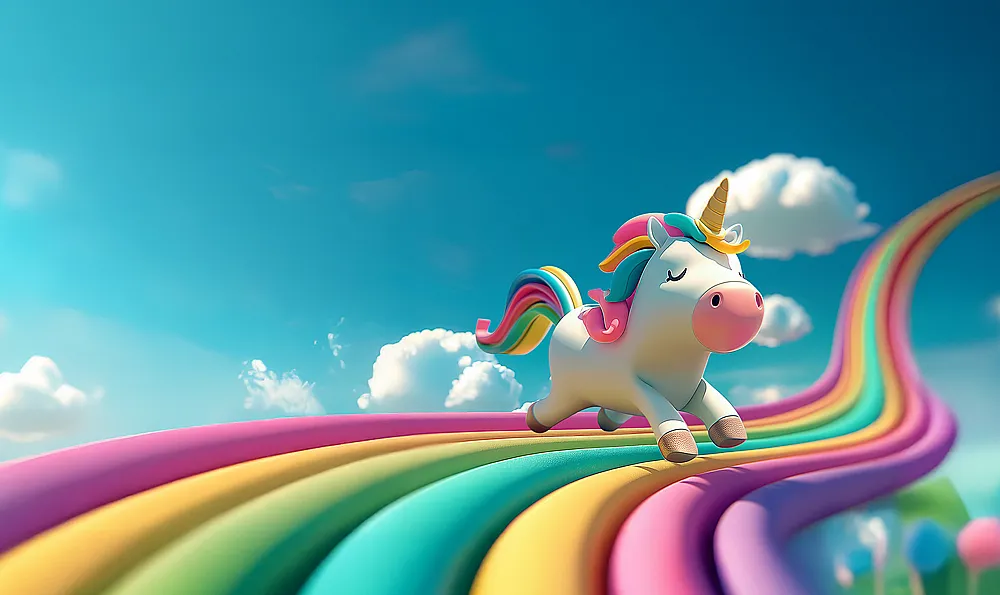 Ein sehr niedliches weißes Comic-Einhorn mit bunter Mähne und Schweif galoppiert auf einem Regenbogen vor einem blauen Himmel mit weißen Wolken.