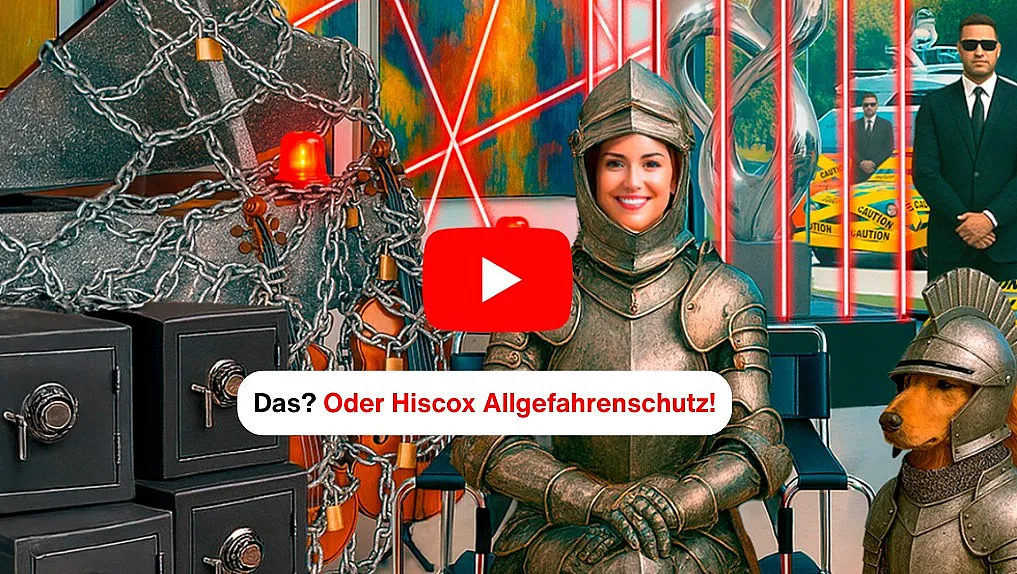 Auf dem Video Thumbnail sieht man eine lächende Frau und einen Hund in Ritterrüstung. Im Hintergrund steht ein Bodyguard. Man sieht außerdem diverse Sicherheitsvorkehrungen wie Laserstrahlen, die Bilder schützen, Safes und schwere Ketten, die um ein Klavier und zwei geigen gewickelt sind
