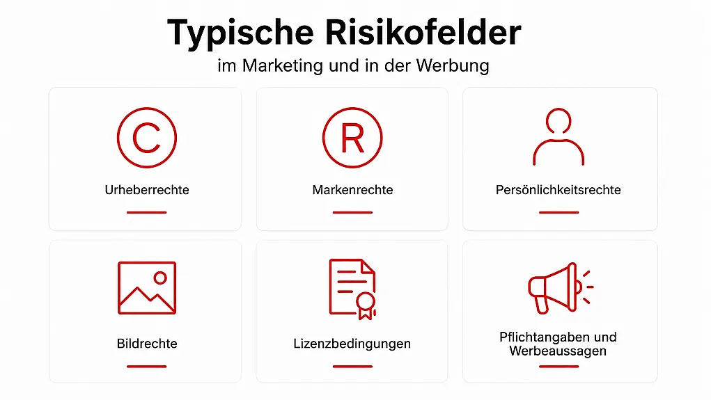 Infografik zu typischen Risikofeldern im Marketing und in der Werbung: Urheberrechte, Markenrechte, Persönlichkeitsrechte, Bildrechte, Lizenzbedingungen sowie Pflichtangaben und Werbeaussagen.