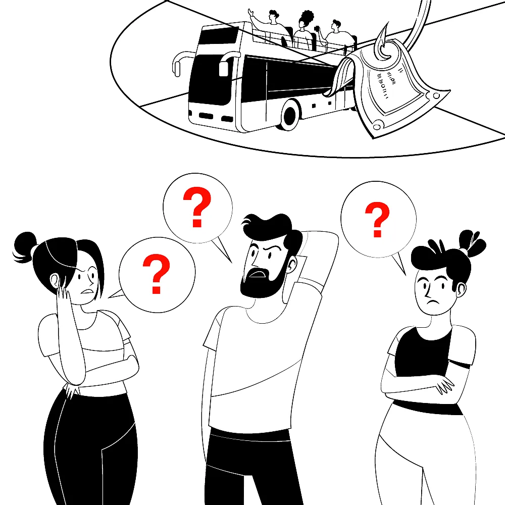 Eine Illustration zeigt drei Personen mit fragenden Gesichtsausdrücken und roten Fragezeichen über ihren Köpfen. Im Hintergrund ist ein Bus zu sehen, der von einem Haken angehoben wird.