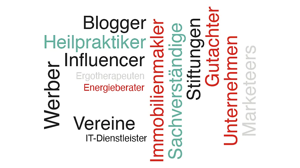 Wortwolke mit ausgewählten VH-Zielgruppen in schwarzer, grauer türkiser und roter Schrift.