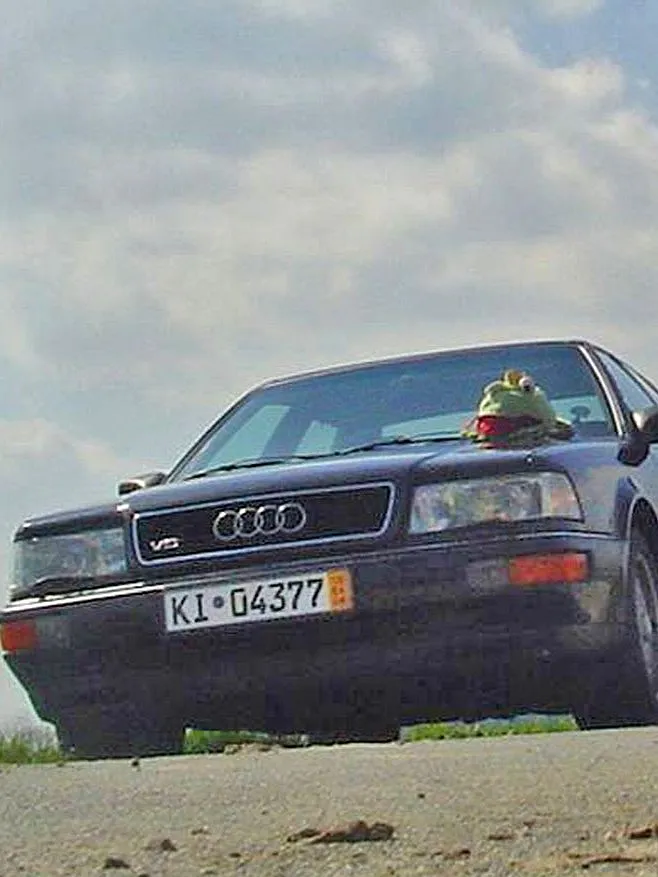 Jens Tanz geht auf einer Straße auf seinen schwarzen Audi v8 zu. Man sieht den Oldtimer von der Frontansicht, auf der Motorhaube liegt ein Kermit-Kuscheltier.