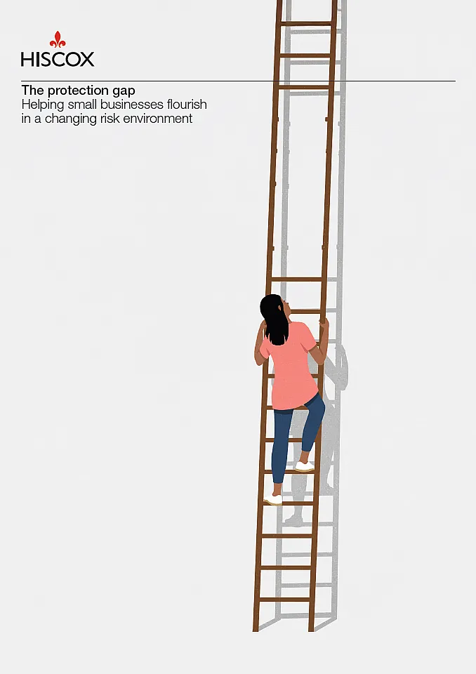 Das Bild zeigt die erste Seite vom Hiscox Global Protection Gap Report, der sich um Absicherungslücken von Selbstständigen und kleinen Unternehmen dreht.
