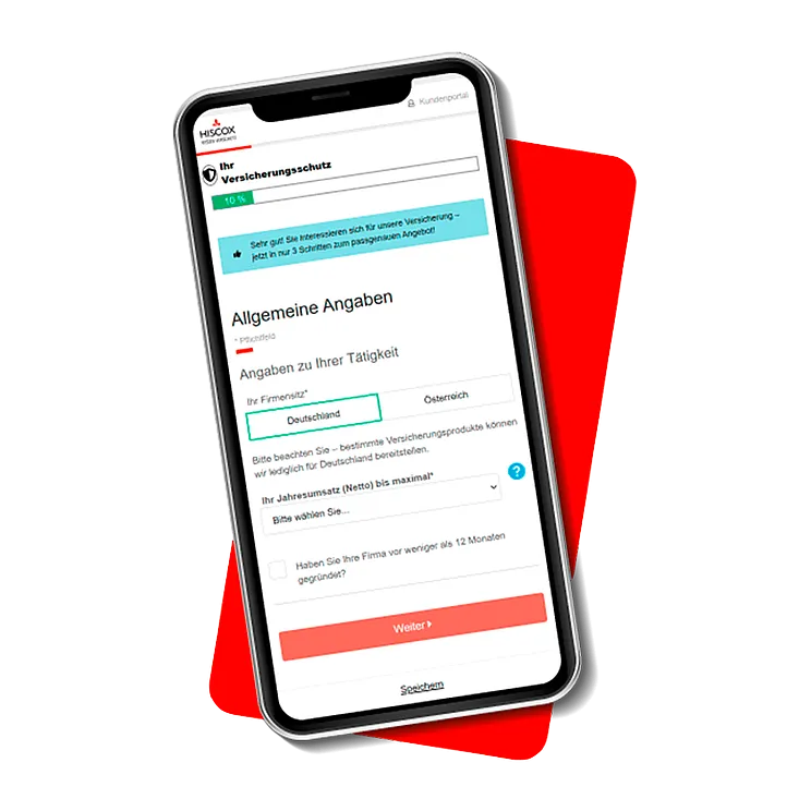 Auf dem Bildschirm eines Mobiltelefons ist die mobile Anwendung der Hiscox-Website zu sehen, auf der eine Versicherung abgeschlossen werden kann.
