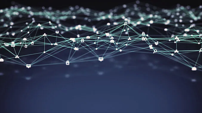 Visualisierung eines Netzwerks mit verbundenen Punkten vor einem neutralen Hintergrund.