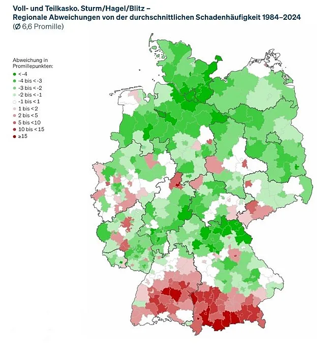 Regionale Abweichungen wetterbedingter Schäden durch Sturm, Hagel und Blitz in Deutschland. Quelle: Datenservice zum Naturgefahrenreport 2025, Gesamtverband der Deutschen Versicherungswirtschaft (GDV).