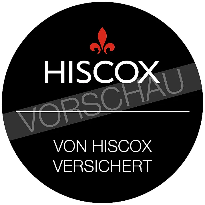 Schwarzer Kreis mit rotem Fleur-de-Lis-Symbol, Text ‚HISCOX‘ und ‚VON HISCOX VERSICHERT‘; grauer Balken mit dem Wort ‚VORSCHAU‘ darüber.