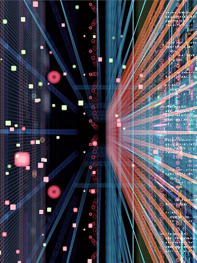 Abstrakte digitale Datenströme mit leuchtenden Linien und Datenpunkten auf dunklem Hintergrund.
