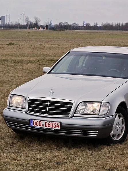 Frontansicht eines grauen Mercedes Benz w140 s320 parkend auf einer grünen Wiese mit Wald im Hintergrund