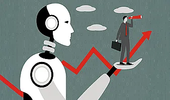 Ein Roboter trägt auf seiner Hand einen Mann mit Anzug und Krawatte. Er hat einen Aktentasche in der Hand und schaut durch ein Fernglas