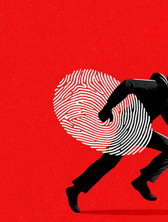 Eine Illustration zeigt eine Person in einem schwarzen Anzug, die nach rechts rennt. Hinter der Person ist ein großer weißer Fingerabdruck auf rotem Hintergrund zu sehen, der teilweise den Körper der Person überlappt