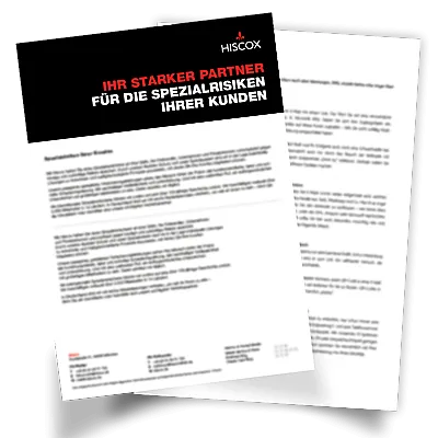Zwei überlappende Seiten eines Dokuments. Die obere Seite trägt den Text: "IHR STARKER PARTNER FÜR DIE SPEZIALRISIKEN IHRER KUNDEN HISCOX". Darunter befindet sich weiterer Text, der jedoch zu klein ist, um ihn klar zu lesen