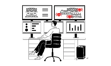 Eine Person sitzt an einem Schreibtisch mit fünf Monitoren. Zwei obere Monitore zeigen technische Diagramme mit roten Käfern, die auf Softwarefehler hinweisen. Die drei unteren Monitore zeigen verschiedene Grafiken und Diagramme. Ein Papierkorb steht neben dem Schreibtisch.