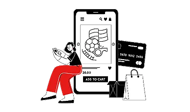 Eine Illustration zeigt einen Computerbildschirm mit einem Online-Shop, der ein Trikot und einen Fußball anzeigt. Daneben steht ein Einkaufswagen mit Paketen. Vor dem Bildschirm befindet sich ein Warnschild mit einem Totenkopf-Symbol
