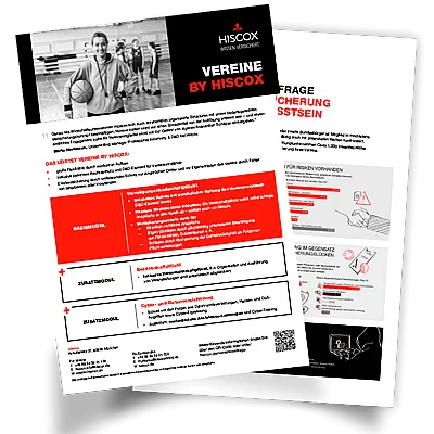 Zwei überlappende Seiten einer Broschüre oder eines Flyers. Die obere Seite zeigt ein schwarz-weiß Foto von Menschen, von denen eine Person einen Basketball hält, mit dem Text "VEREINE BY HISCOX" oben. Darunter befindet sich ein Abschnitt mit dem Titel "DAS BIETEN WIR IHNEN", der verschiedene Dienstleistungen oder Vorteile von Hiscox auflistet. Die zweite Seite im Hintergrund enthält zusätzlichen Text und Grafiken zum Thema Versicherungsbewusstsein