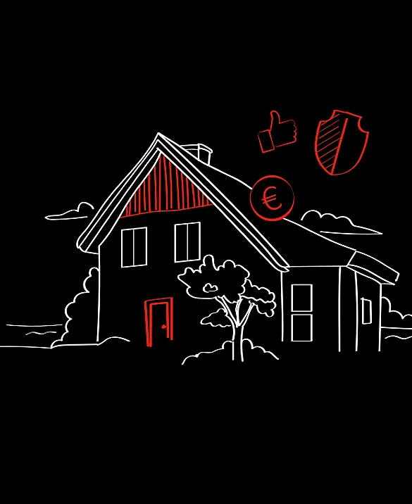 Eine stilisierte Zeichnung eines Hauses auf schwarzem Hintergrund. Das Haus hat ein spitzes Dach, zwei Fenster und eine Tür. Über dem Haus sind rote Symbole: ein Daumen-hoch-Zeichen, ein Schild und ein Euro-Symbol. Ein Baum steht vor dem Haus