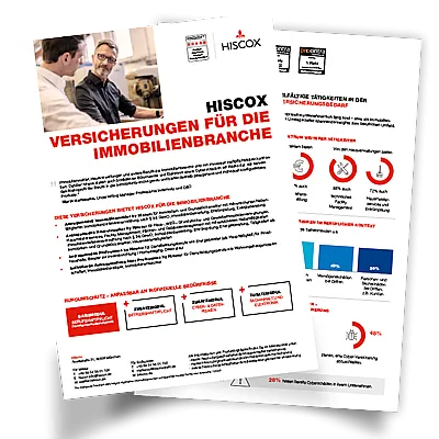 Zwei übereinanderliegende Werbeflyer der Firma Hiscox. Der obere Flyer zeigt ein Bild von zwei Personen in einem Büro mit der Aufschrift 'HISCOX VERSICHERUNGEN FÜR DIE IMMOBILIENBRANCHE'. Der untere Flyer enthält Diagramme und Statistiken zur Versicherungsbranche.