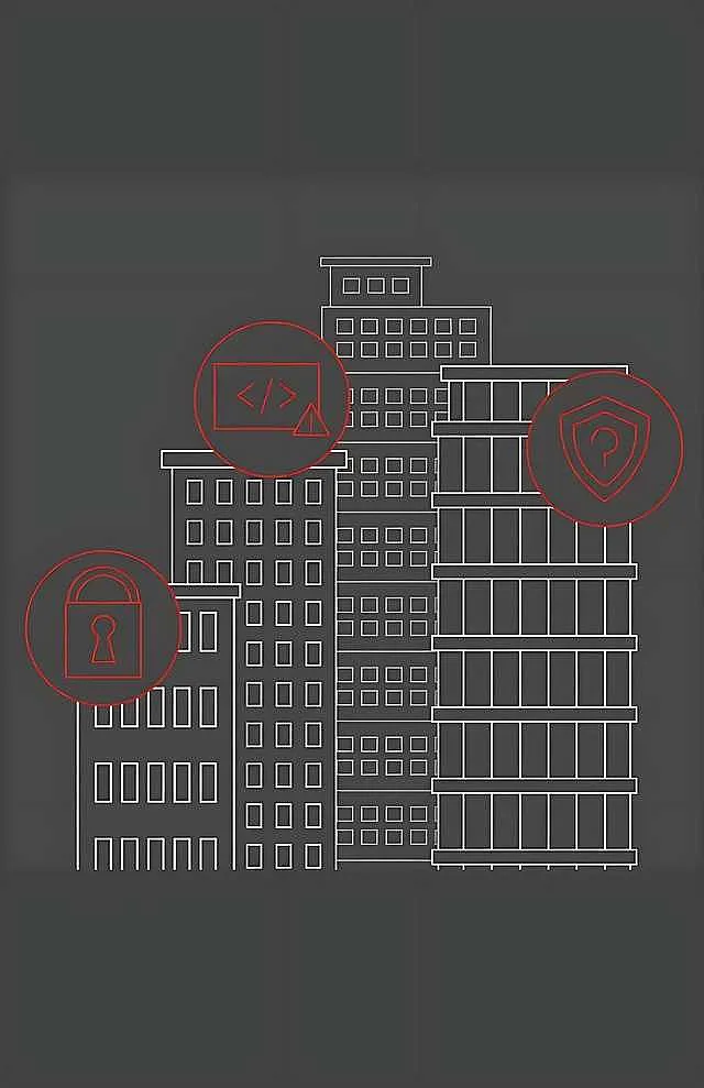 Zeichnung von drei Gebäuden mit überlagerten Symbolen: ein Vorhängeschloss, ein Code-Symbol (</>) und ein Standort-Pin mit Schild – Hinweis auf Sicherheit, Programmierung und Standortschutz.