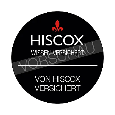 Ein rundes Logo mit dem Text 'HISCOX' und einem roten Fleur-de-Lis-Symbol darüber. Darunter steht 'WISSEN VERSICHERT.' und 'VON HISCOX VERSICHERT'. Ein Wasserzeichen mit 'VORSCHAU' verläuft quer über die Mitte.