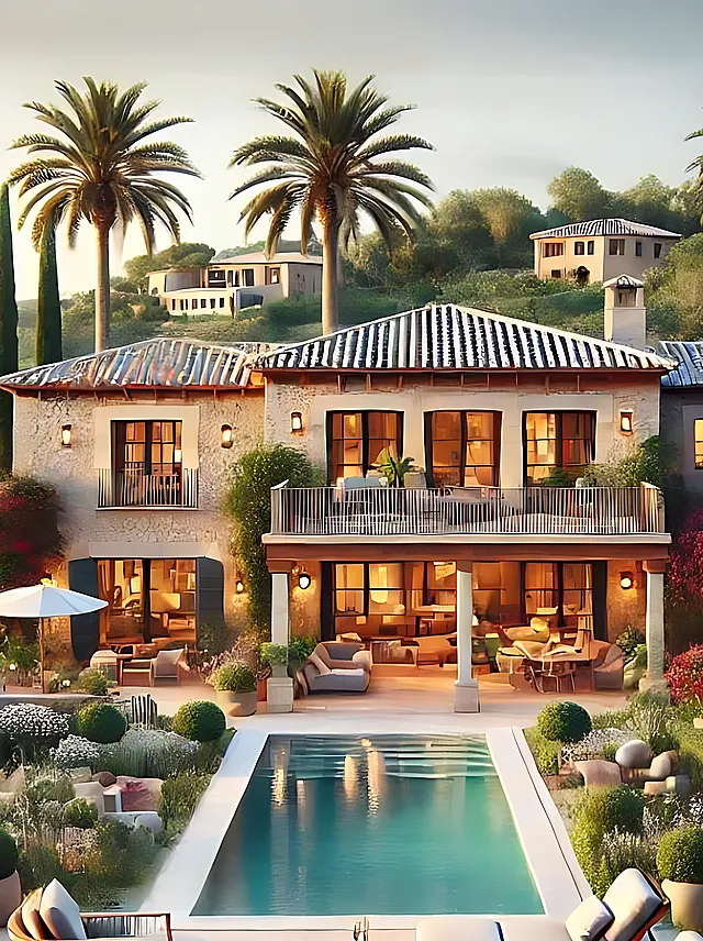 Im Fokus steht ein Ferienhaus auf Mallorca mit Pool im Garten und einer grünbewachsenen Gartenlandschaft. Die Immobilie ist hellerleuchtet, zweistöckig, schick eingerichtet mit Balkon und Terrasse.