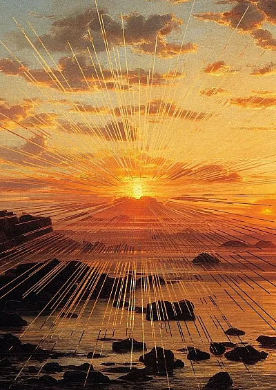 Ein goldener Sonnenuntergang über dem Meer, dessen strahlende Sonnenstrahlen sich über den bewölkten Himmel ausbreiten. Im ruhigen Vordergrund zeichnen sich Felsen als Silhouetten ab und schaffen eine friedliche Atmosphäre.