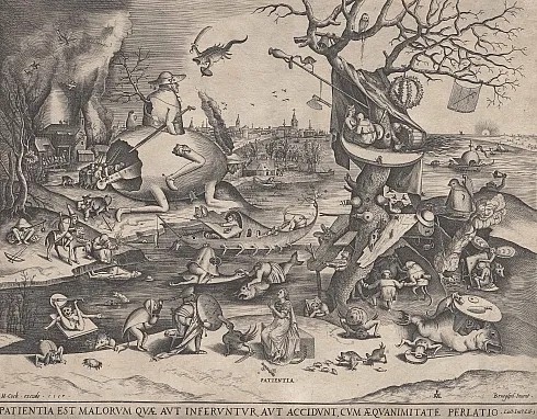 Eine detailreiche, surreale Radierung, die eine chaotische mittelalterliche Szene darstellt; zahlreiche Figuren gehen am Ufer eines Flusses bizarren Tätigkeiten nach, die von schwarzem Humor und Absurdität geprägt sind.