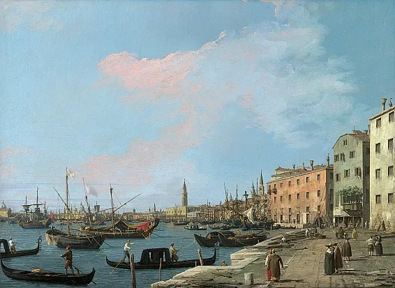Eine idyllische Hafenansicht in Venedig mit Gondeln und Schiffen auf einem ruhigen blauen Meer. Historische Gebäude am Wasser und Passanten sorgen für eine lebhafte und zugleich ruhige Atmosphäre.