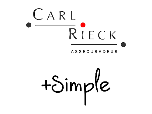 Logo für "Carl Rieck ASSECURADEUR" mit einem roten Punkt über dem "I" in "Rieck". Darunter steht "+Simple" in handgeschriebener Schrift.