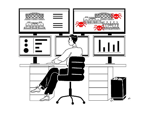 Eine Illustration zeigt eine Person vor mehreren Computerbildschirmen. Auf einem Bildschirm sieht man rote Symbole, die einen Hackerangriff symbolisieren