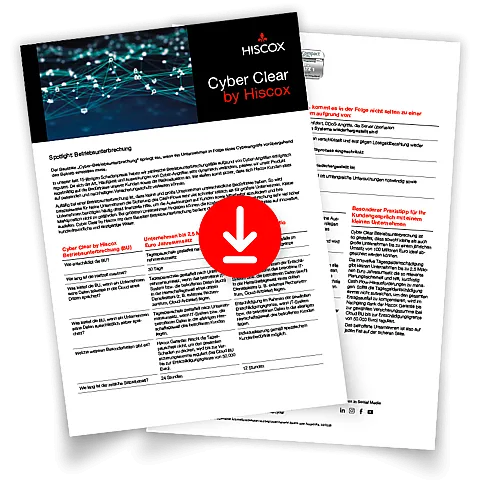 Vorschaubild des Infor-Flyer zur Cyber-Betriebsunterbrechung mit einem roten Download-Pfeil in der Mitte