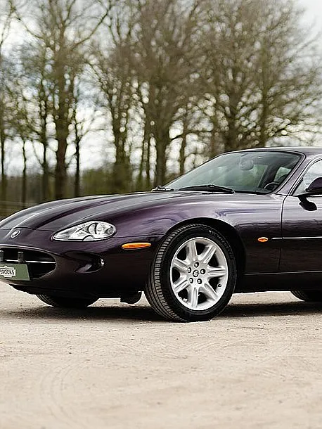 Lilafarbener Jaguar XK8 auf hellem Boden vor Bäumen, Seitenansicht