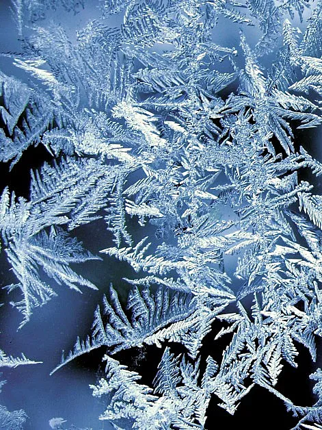 Ein Nahaufnahme von Frostkristallen auf einer Oberfläche. Die Frostkristalle haben komplizierte, federartige Muster und sind von Licht beleuchtet, was eine schöne und detaillierte Darstellung schafft.