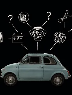 Illustration eines kleinen blauen Autos mit verschiedenen Symbolen wie Motor, Batterie, Reifen und Werkzeugen, die mit Fragezeichen versehen sind und Reparatur- bzw. Wartungsthemen darstellen.