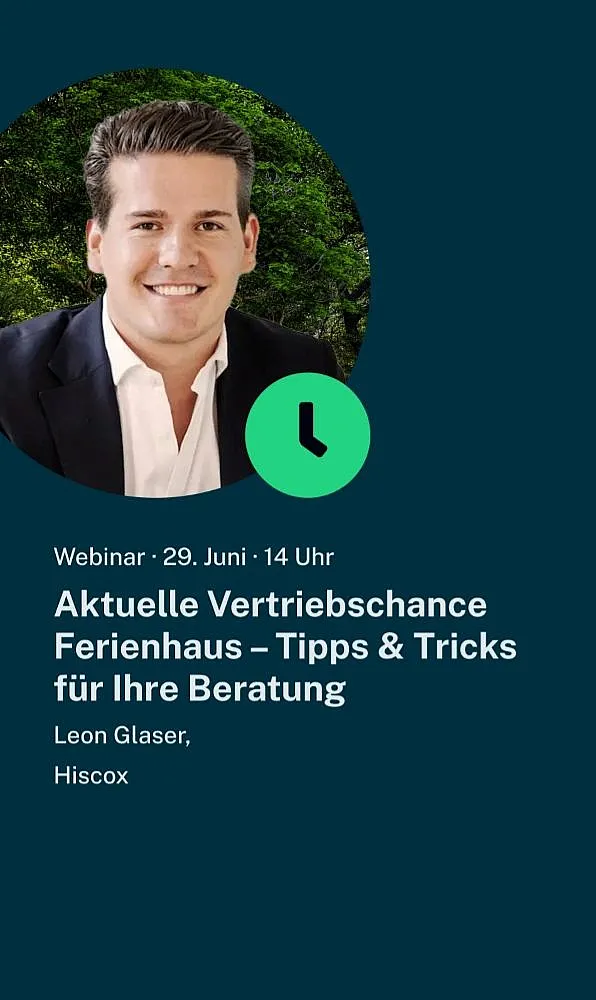 Werbebanner für das Hiscox Webinar bei profino zum Thema Versicherung von Ferienimmobilienn