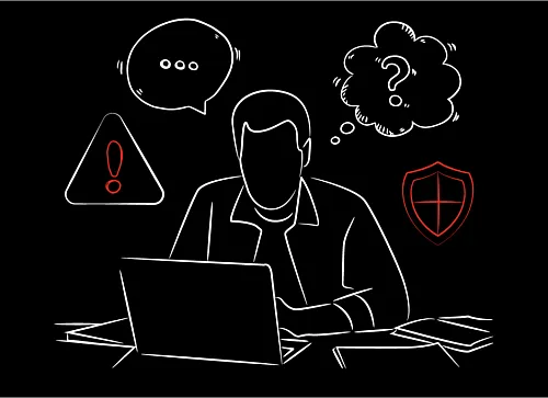 Grafik eines besorgten Mannes am Laptop mit Sicherheitssymbolen und Warnhinweisen: Cybersecurity und Datenschutzrisiken