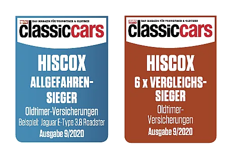 Zwei nebeneinanderliegende Titelseiten des Magazins „classic cars“: links in Blau mit dem Titel „ALLGEFAHREN-SIEGER“ und einem Jaguar E-Type 3.8 Roadster als Beispiel; rechts in Braun mit dem Titel „6 x VERGLEICHS-SIEGER“ – beide bewerben Oldtimer-Versicherungen von Hiscox, Ausgabe 9/2020.