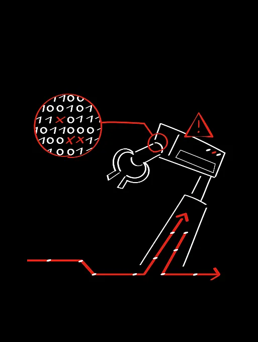 Illustration eines Roboterarms, der einen Schlüssel hält, mit Bewegungspfeilen, einer Lupe über Binärcode mit roten X-Zeichen und einem Warnsymbol – Hinweis auf Sicherheit oder Fehlersuche.