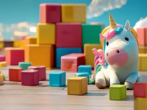 Ein sehr niedliches weißes Comic-Einhorn mit bunter Mähne und Schweif sitzt vor vielen unterschiedlich großen bunten Bauklötzen
