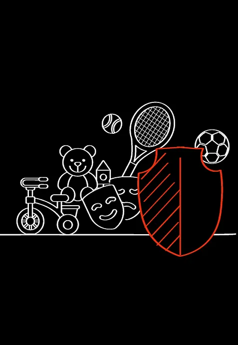 Verschiedene weiße und rote Umrisszeichnungen auf schwarzem Hintergrund, darunter Teddybär, Dreirad, Spielzeughaus, Theatermasken, Tennisschläger, Bälle und ein oranges Schild.