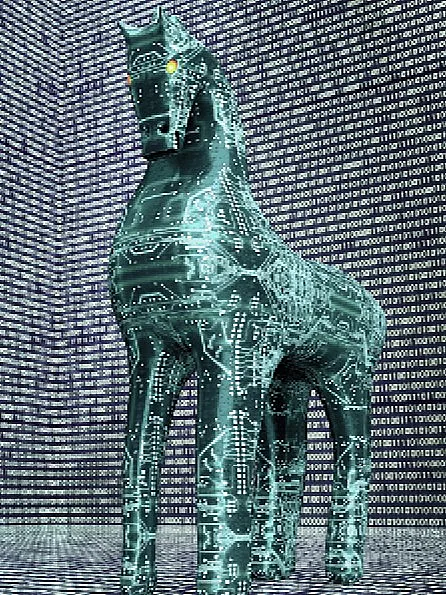 Digitales Trojanisches Pferd vor einem Hintergrund aus Binärcode: Symbol für Cyberangriffe und Schadsoftware