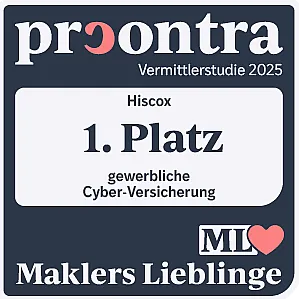 Auszeichnungssiegel mit der Aufschrift: "procontra Vermittlerstudie 2025 – Hiscox – 1. Platz – gewerbliche Cyber-Versicherung – Maklers Lieblinge"