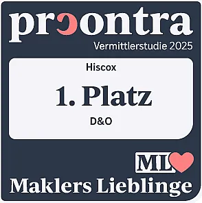 Auszeichnungssiegel mit der Aufschrift: "procontra Vermittlerstudie 2025 – Hiscox – 1. Platz – D&O – Maklers Lieblinge"