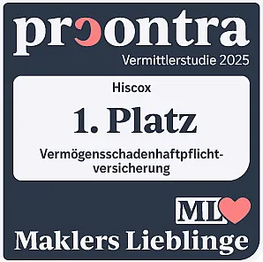 Auszeichnungssiegel mit der Aufschrift: "procontra Vermittlerstudie 2025 – Hiscox – 1. Platz – Vermögensschadenhaftpflichtversicherung – Maklers Lieblinge"