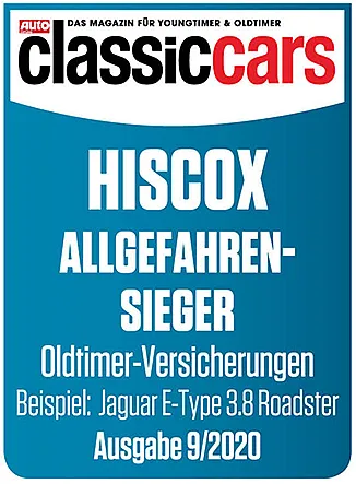 Titelseite eines Magazins mit dem Titel ‚classic cars‘. Darunter steht in deutscher Sprache: ‚HISCOX ALLGEFAHREN-SIEGER – Oldtimer-Versicherungen Beispiel: Jaguar E-Type 3.8 Roadster.