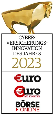 Goldene Stierstatue über dem Text: ‚CYBER-VERSICHERUNGS-INNOVATION DES JAHRES 2023‘.